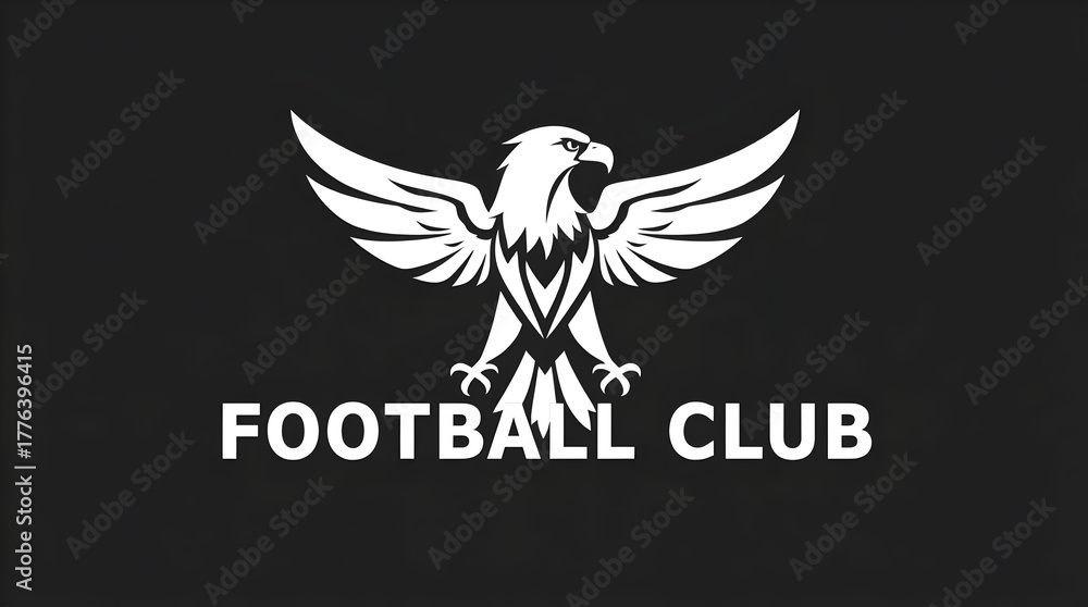 Obraz premium Monochrome Eagle Football Club Logo Design Featuring Bold White Emblem on Black Background, Symbol of Strength, Power, and Team Spirit for Sports Branding and Identity.