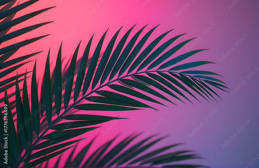 Obraz premium tropical palm fronds illuminated soft pink neon glow minimalist abstract surrealist backdrop subtle hints