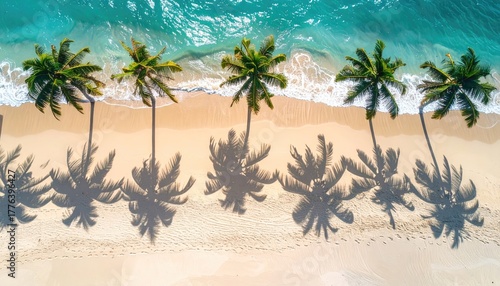 Aerial view of a sandy beach with a row of palm trees casting long shadows onto the sand and gentle turquoise waves lapping the shore during daylight