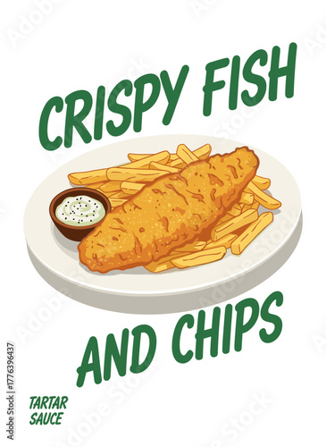 Crispy Fish and Chips. British Fast Food Art. Seafood and Fries Logo. Retro Restaurant Graphic. Fish with Tartar Sauce.