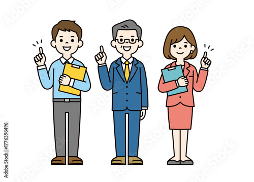 案内・紹介・提案する、様々な年代のビジネスパーソンの全身ベクターイラスト素材＿カラー