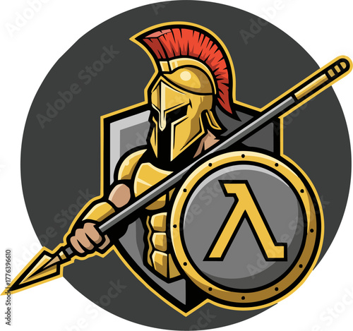 Spartan Mascot Logo Vector Illustration with Gold Armor, Spear, and Lambda Symbol Shield – Ancient Warrior