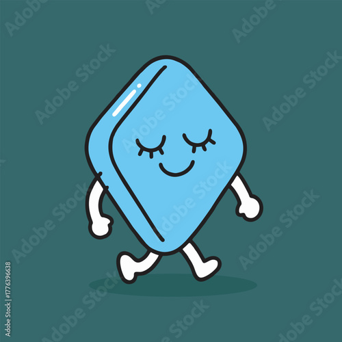 Sleepy Blue Square Cartoon Character Walking with Closed Eyes
