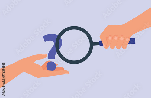 Two Hands with magnifying glass and question mark. Problem analysis.