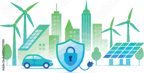 Vector illustration of an eco-friendly urban cityscape with a set of green building icons representing sustainable architecture and a modern business skyline
