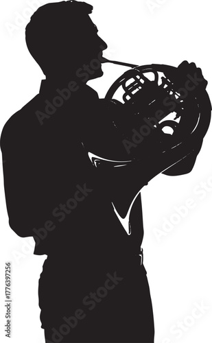 Musician playing a French horn brass instrument silhouette vector illustration.