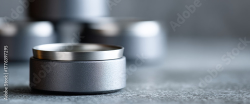 Close-up of metallic cylindrical objects with brushed texture on a textured surface in soft focus background