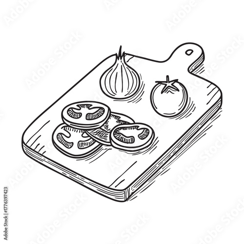 Cutting board with chopped tomatoes peppers onions