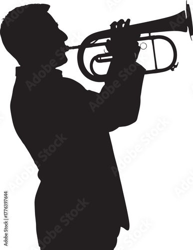 Silhouette of a jazz or brass band musician standing and playing a trumpet or cornet.