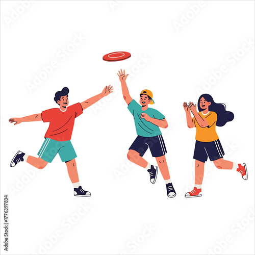 Energetic group of young friends joyfully playing frisbee outdoors, depicting active recreation and fun sports activity together