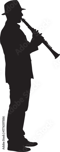 Silhouette of a jazz or classical musician standing and playing a clarinet in a fedora hat.