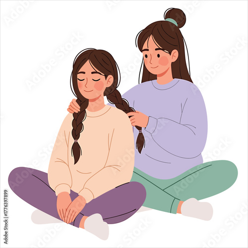 A heartwarming illustration of a young girl braiding her sister's hair, capturing a moment of sibling love and connection