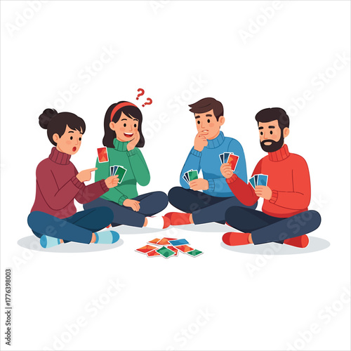 Group of friends gathered on the floor, deeply immersed in a strategic card game, sharing laughter and friendly competition during a cozy social evening at home