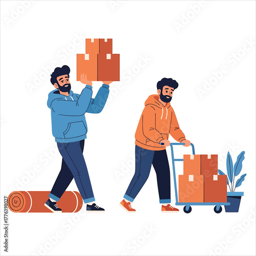 Cartoon Men Moving Boxes with Hand Truck, Relocation Illustration
