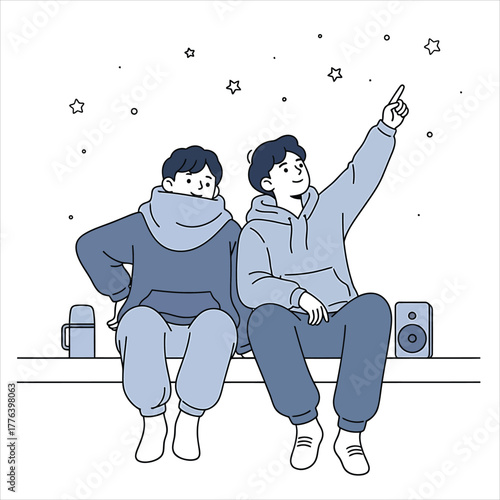 Two young men enjoying a peaceful night together, stargazing and pointing at the beautiful night sky, embodying friendship and wonder