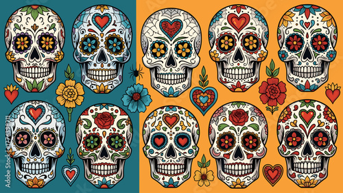 Vibrant Day of the Dead Sugar Skulls Collection: Ornate Calaveras with Colorful Floral and Heart Motifs for Mexican Cultural Celebrations and Designs