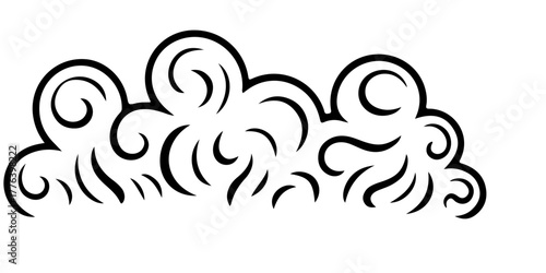 A set of stylized decorative clouds or smoke puffs in a hand drawn doodle style. Ornate and swirly cloudscape elements for design, isolated on a white background.