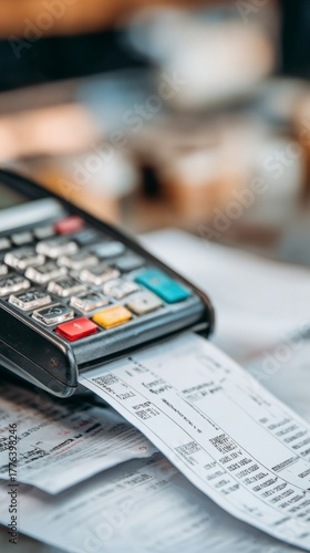 Checkout terminal displays receipt with itemized purchases at a retail store, capturing a quick transaction moment