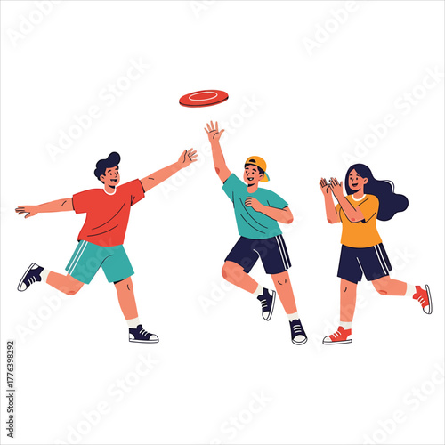 A vibrant vector illustration of diverse young friends joyfully playing frisbee, enjoying an active outdoor summer activity together