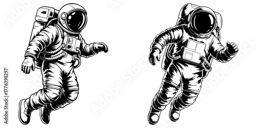 Two astronauts floating in space. Spaceman characters in detailed suits, great for science, exploration, and cosmic themes. Hand drawn sketch style on a white background.