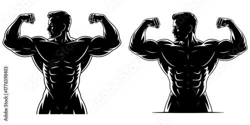 A pair of muscular male torso silhouettes in bodybuilding poses. The images showcase a strong and fit physique, representing strength, fitness, and gym culture.