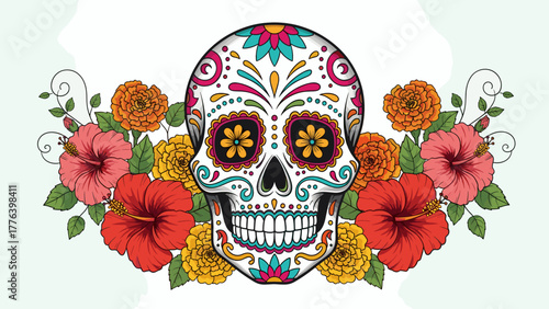 Vibrant Sugar Skull Calavera Illustration with Festive Marigolds and Hibiscus Flowers for Día de los Muertos
