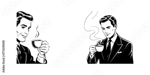 Two retro style portraits of a handsome man enjoying a hot cup of coffee. Vintage character illustrations for cafes, breaks, or morning routine concepts.