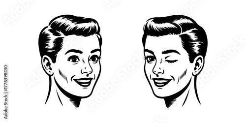 Two portraits of a handsome man in a retro or vintage art style. One portrait shows him smiling, and the other shows him winking, conveying charm and confidence.