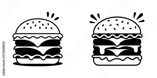 A set of two delicious looking hamburgers in a simple line art style. Classic fast food cheeseburgers, one outlined and one with solid black fills, on a white background.