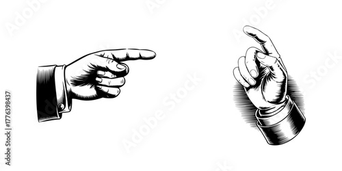 A set of vintage style hands with pointing gestures. Classic engraved illustrations showing direction, one pointing forward and the other pointing up.