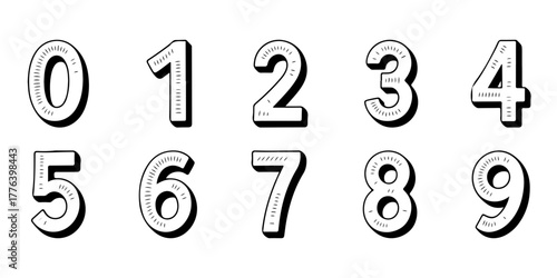 A complete set of numbers from zero to nine in a vintage 3D style. Retro typography digits for creating classic headlines, dates, or numerical designs.