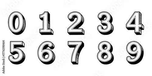 A full set of numerals from zero to nine in a classic, bold, shadowed font. Vintage inspired typography elements for design projects requiring a retro touch.