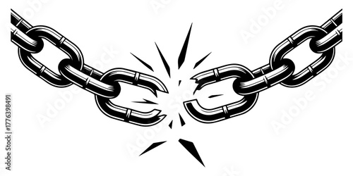 A heavy metal chain with a link breaking in the middle. A powerful concept of freedom, liberation, strength, escape, and breaking free from constraints.