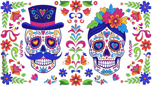 Vibrant Day of the Dead Sugar Skulls Couple with Floral Ornaments. Traditional Mexican Calaveras Design for Día de Muertos Celebration. Festive Fol...