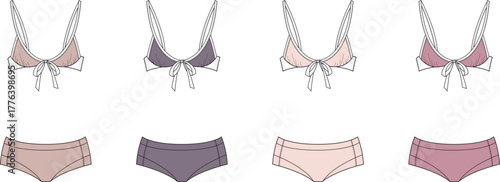 Set of four elegant lingerie ensembles, showcasing delicate bras and matching briefs in soft pastel hues, designed for comfort and style