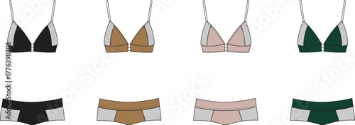 Vector illustration of modern women's intimate apparel. Stylish color-blocked bikini tops and matching underwear bottoms in diverse contemporary designs