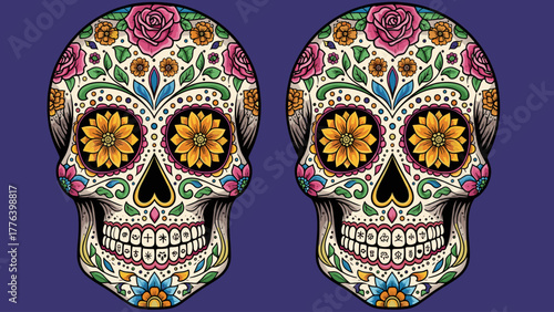 Vibrant Floral Sugar Skulls with Sunflower Eyes on Purple Background for Día de Muertos Celebration