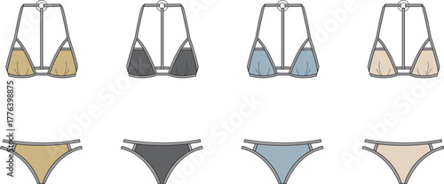 Set of four different styles of bikini tops and bottoms for women, presented as fashion sketches