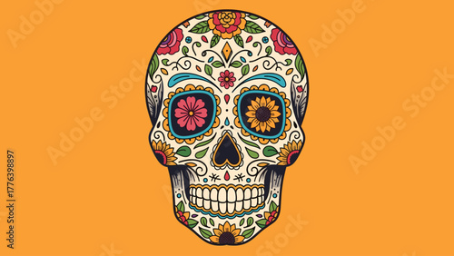 Vibrant Mexican Sugar Skull Illustration for Day of the Dead Celebration on Orange Background