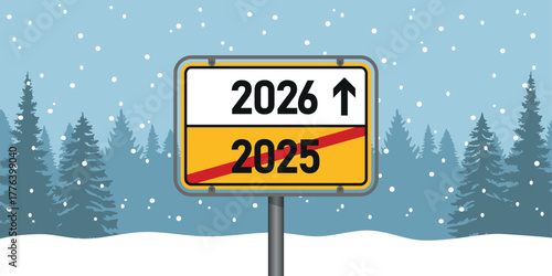place sign with new year number 2026 in snowy winter landscape vector illustration