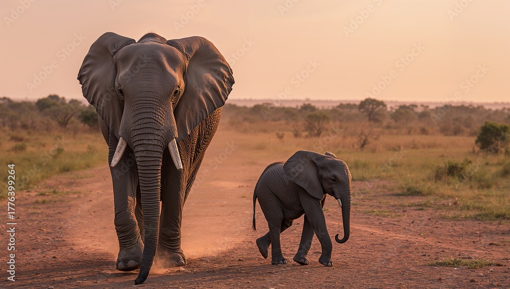 Obraz premium Elephants Walking Together at Sunset in the Savanna, Showcasing Family Bonds in Nature