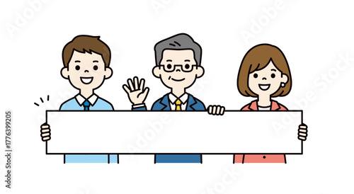 長いパネルを持って説明・歓迎する、ビジネスパーソンの上半身ベクターイラスト素材＿カラー
