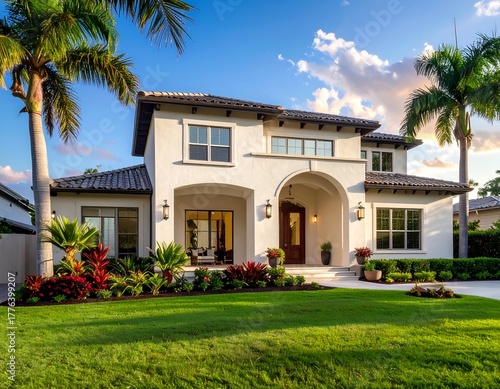 Beautiful modern house surrounded by lush greenery and palm trees under a vibrant sunset sky