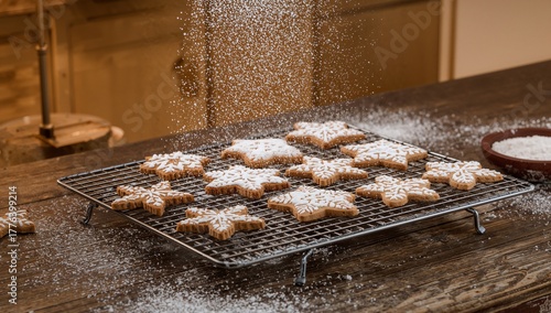 Holiday Cookies Decorated With Icing and Powdered Sugar on a Wooden Table