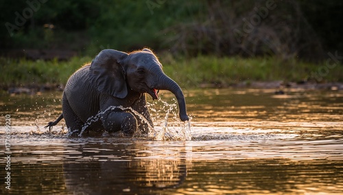 Juvenile Elephant Splashes in River During Golden Hour