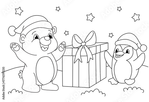 Coloring book page for Christmas. Polar bear and penguin in Santa hats standing in front of giant present, happy and smiling.
