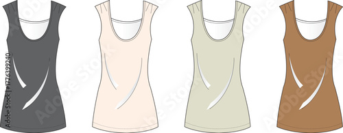 Minimalist vector illustration set showcasing women's essential sleeveless tops in a range of earth-toned colors, perfect for fashion design concepts and apparel displays