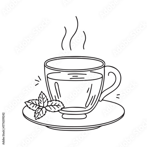 Glass cup filled with hot tea and mint sprigs
