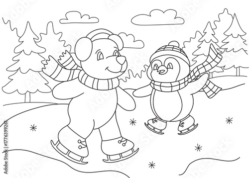 Winter coloring book page. Polar bear and penguin ice skating on the lake in forest. Winter outfit.  
