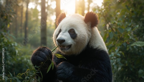 Panda Enjoying Bamboo in a Serene Forest During Sunset in a Tranquil Natural ...